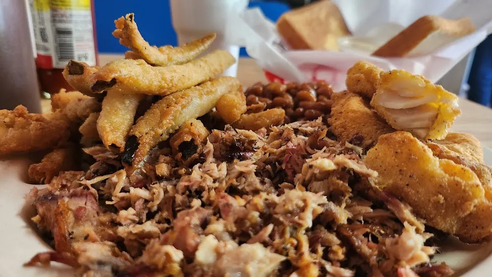 Pulled Pork Fried Catfish and Fried Pickles